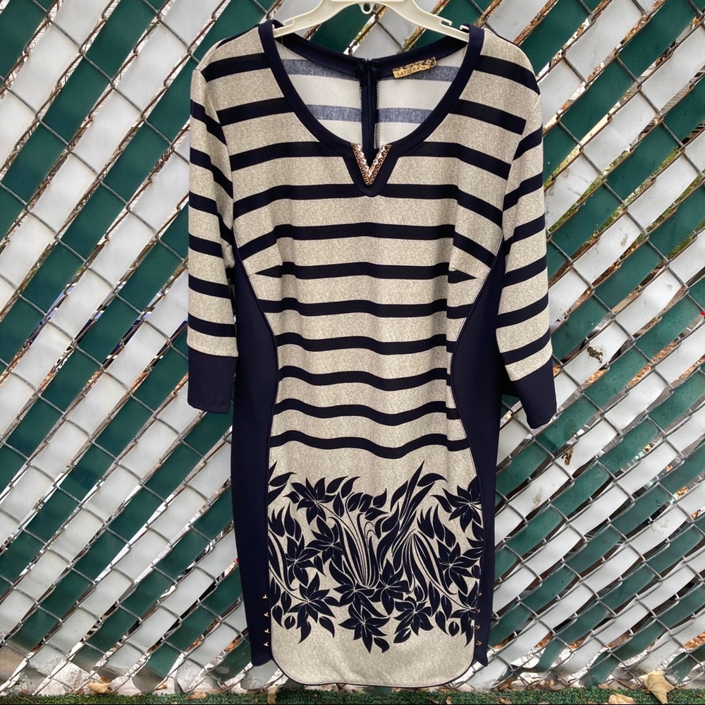 NEW La Fiera Dress Cream& Navy Blue striped Dress